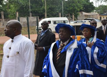 The Chairman, House Committee on Education, Hon Erochukwu Ugwueze; The Rector of the Institute, Prof Austin Uche Nweze; The Chairman, Governing Council, Deaconess Mrs Ifeoma Nwobodo during the procession into the conference hall for the 4th Distinguished Academic Lecture by His Excellency.