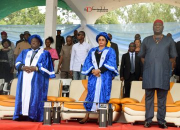 The Speaker of Enugu State House of Assembly, Hon Edward Ubosi (1st right); Her Excellency, the Deputy Governor, Hon. (Mrs) Cecilia Ezeilo (middle); Prof Austin Uche Nweze (1st left) observing National Anthem marking the beginning of the 32nd – 42nd Consolidated Convocation Ceremony and 45th Anniversary/Homecoming.